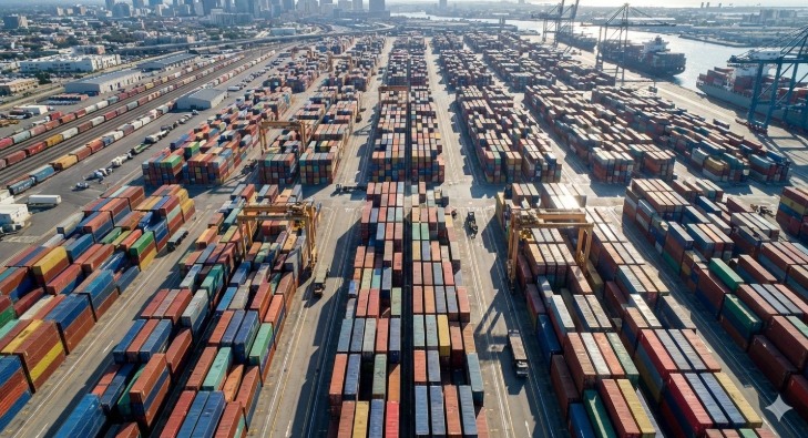 Aerial view of a busy container yard